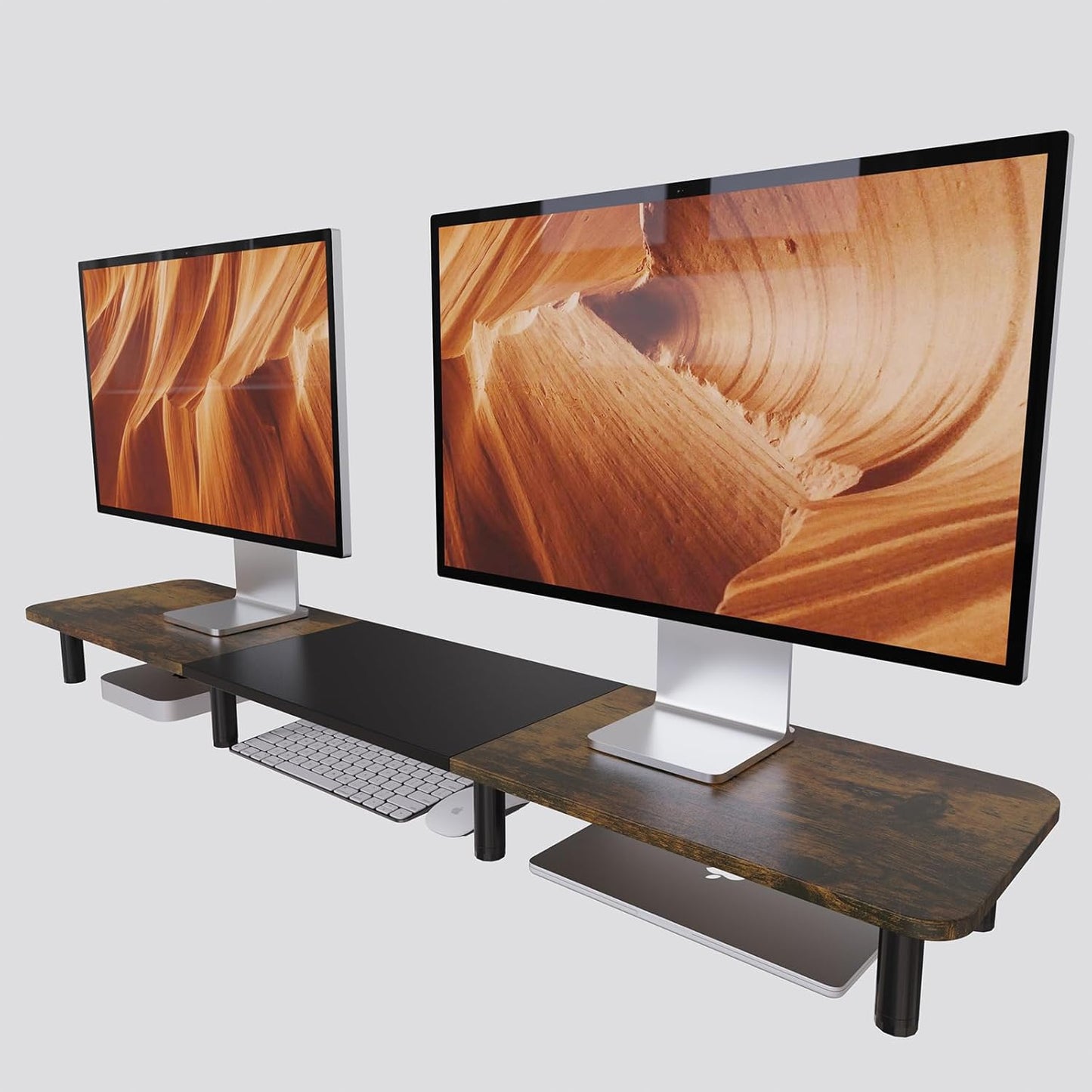 43.7" Extra Long Dual Monitor Stand Riser, Wood & Steel Monitor Stand for 2 Monitors, Wide TV Stand, Desktop Riser for Desk Organization, Home Office、Laptop,Printer,TV (Vintage black)