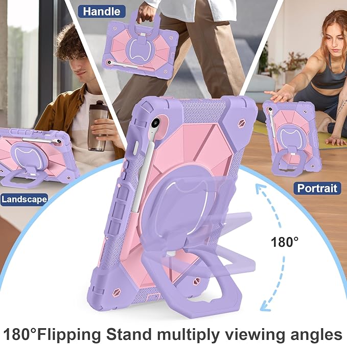Case for Samsung Galaxy Tab S10 Lite / S10 FE / S9 FE 10.9 Inch, Samsung Tab S9 11 Inch, Rugged Galaxy S10 Tablet Case with Pen Holder 360 Rotating Stand Shoulder Strap Screen Protector, Purple
