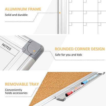 Dry Erase Calendar Whiteboard for Wall, 24"x18" Magnetic Monthly White Board Cork Board Combo, Double Sided, Aluminum Frame, Wall Hanging Wipe Board for Home, Office, School, Dorm