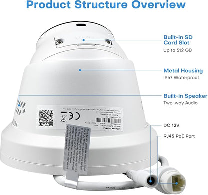 5MP Outdoor PoE IP Turret Camera, Sound & Light Alarm, Active Deterrence, Smart Color Night Vision (98ft), 2-Way Audio, AI Human/Vehicle Detection, Full Metal IP67, 115°Wide Angle, 120dB WDR