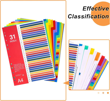 1-31 Tab Dividers, Plastic Binder Dividers for 2/3/4 Ring Binder, Customizable Table of Contents, Multicolor Number 1-31 Tabs, 5 Sets/ A4 Size