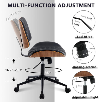 Home Office Chair No Arms with Wheels, Adjustable Height Small Desk Chair, PU Leather Mid Back 360 Swivel Computer Chair, Armless Modern Walnut Chair for Office, Reading Meeting Room(Black)
