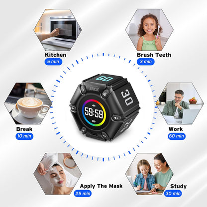 Jack Pomodoro Timer - Productivity Cube, Visual Focus Timer, Mute & Vibration & Adjustable Sound Alert, for Office, ADHD, Study, Work, 3/5/10/25/30/60min & Custom Countdown - Black