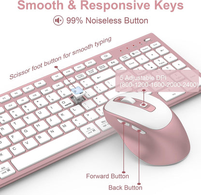 FENIFOX Wireless Keyboard and Mouse, Ergonomic Rechargeable Silent Quiet Slim Compact Full-Size USB C with Number Pad Flat Soft Cover for PC Computer Laptop Mac MacBook iMac Windows - Pink Rose Gold