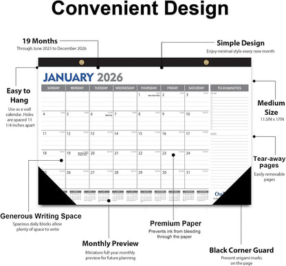 OuMuaMua Desk Calendar 2025-19 Months Desktop Wall Calendar 17 x 11.5 Inches from Jun. 2025 to Dec. 2026 with Julian Date To-do & Notes for School Home Office Planning & Organizing