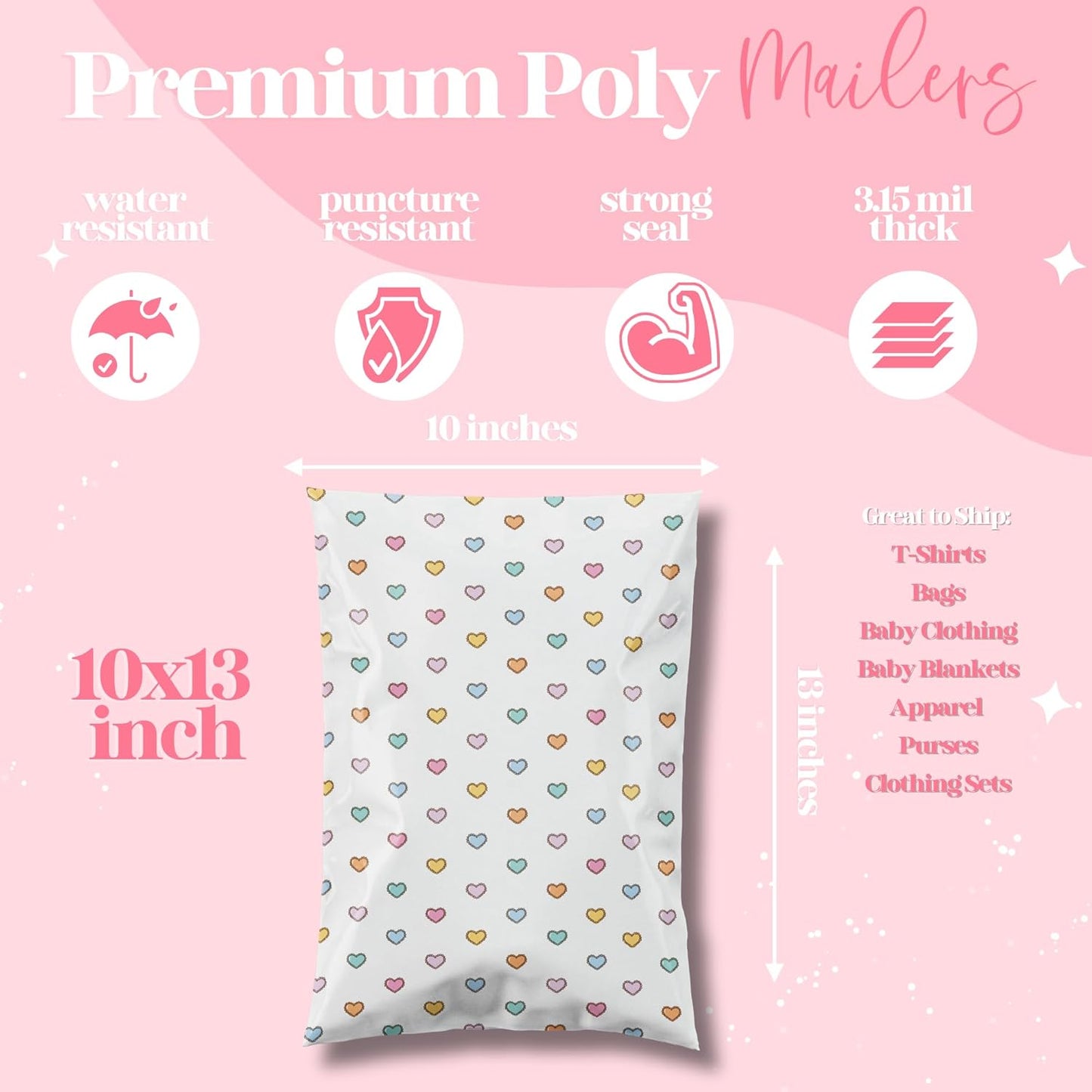 10x13 Designer Poly Mailer 100 Pack Heavy Duty Waterproof Self Seal Shipping Bags for Small Business Large Mailing Envelopes Bulk Tear Resistant Packaging Preppy Hearts