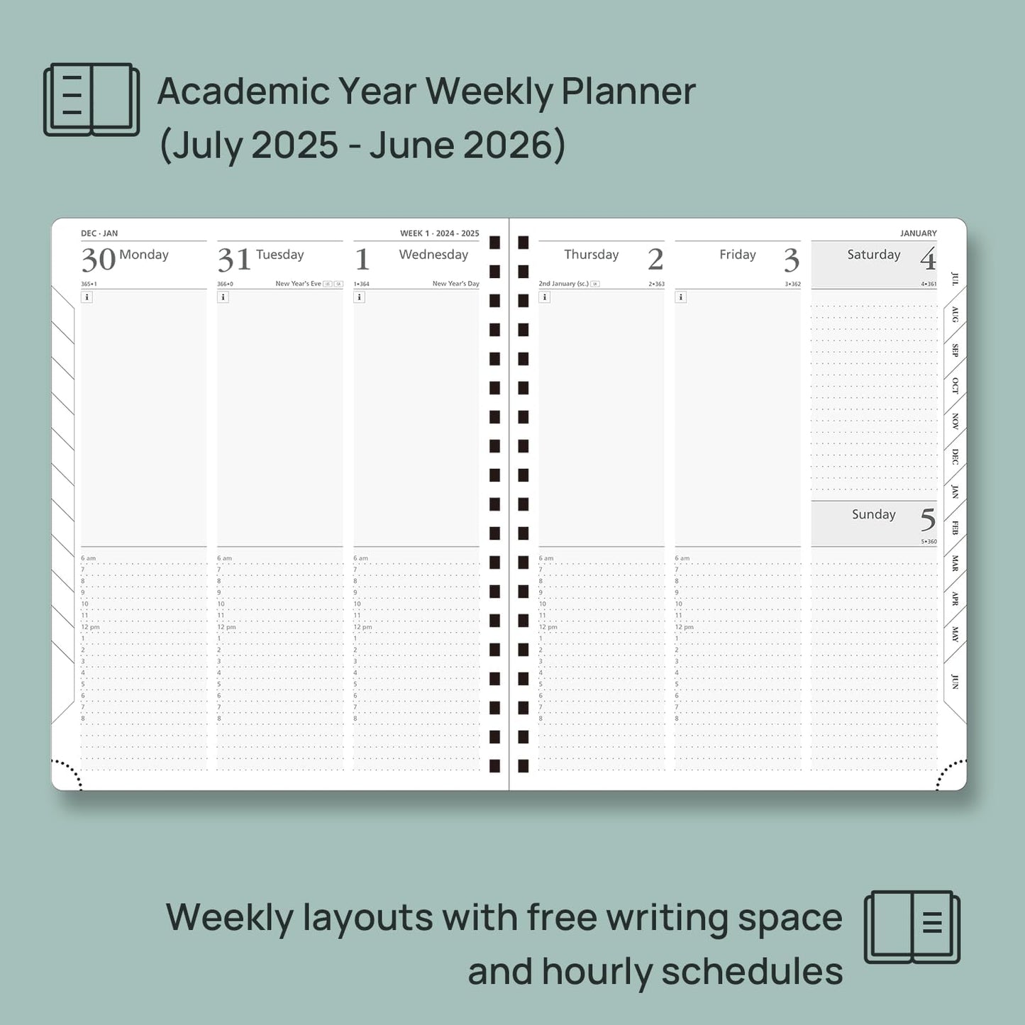 POPRUN Academic Planner 2025-2026 (July 2025-June 2026), Daily Weekly and Monthly Appointment Book (Wirebound Hard Cover - 10'' x 8'') with Hourly Time Slots, Tabs, 100 GSM - Light Yellow