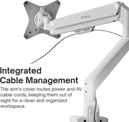 Pixio PS1S Wave White Single Monitor Arm Stand Desk Mount - Fits up to 32 inches Monitors and up to 19.8lbs. VESA Compatibility and Integrated Cable Management
