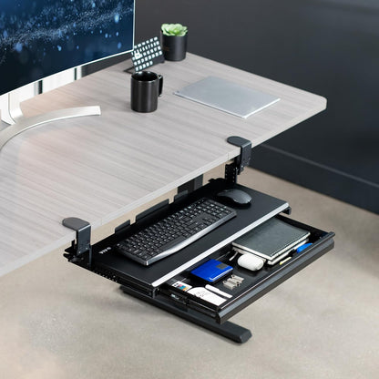 VIVO Large Height Adjustable Clamp-on Keyboard Tray, Extra Sturdy Pull Out Platform with Storage Drawer, 27 (33 Including Clamps) x 11 inch Slide-Out Tray with Organizer, Black, MOUNT-KB05HB-DR