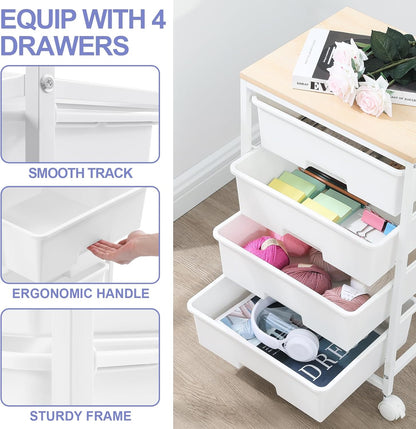 Utility Cart with 4 Drawers, Multipurpose Rolling Storage Cart with 4 Drawers and 2 Lockable Wheels, 4-Tier Rolling Storage Cart Organizer for Home Office Dorm, Bright White