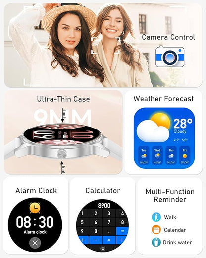 Smart Watch for Women, Answer/Make Call,1.27'' Touchscreen, 120+ Sports Modes Fitness Tracker, 24H Heart Rate/SpO2/Sleep/Menstrual Cycle/IP68 Fitness Watch for Android iOS, 4 Straps (Silver)