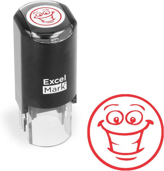 ExcelMark Smiley Face - Self-Inking Round Teacher Stamp - Red Ink