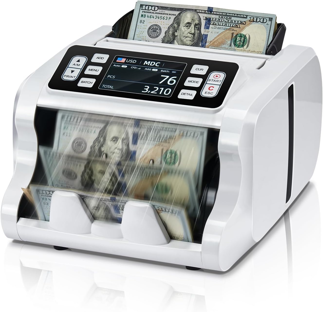 MUNBYN IMC09 Mixed Denomination Money Counter Machine, Value Counting, UV/MG/IR/MT Bill Counter, 3.5" TFT Display Money Counting Machine, USD, EUR, MXN, CAD Cash Counter for Business (White)