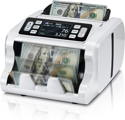 MUNBYN IMC09 Mixed Denomination Money Counter Machine, Value Counting, UV/MG/IR/MT Bill Counter, 3.5" TFT Display Money Counting Machine, USD, EUR, MXN, CAD Cash Counter for Business (White)