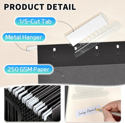25-Pack Black Hanging File Folders, Letter Size (8.5" x 11Inch), Includes 35 Transparent Label Cards & 50 Sticker Labels,1/5-Cut Tabs for Home & Office Organization