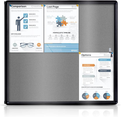 Enclosed Bulletin Board Lockable Display Case Message Board with Locking Door for Indoor, Grey Felt, Black Aluminum Frame, 28 X 26 in