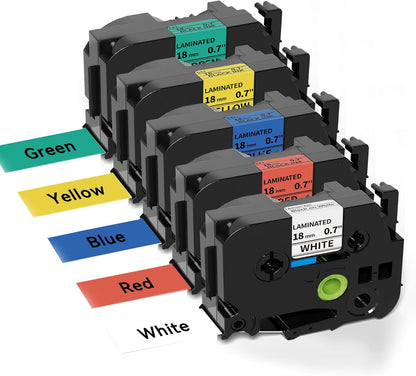 TZe Tz 18mm 0.7’’ Laminated Label Tape Color Replace for Brother Label Maker Tape 18mm 3/4'' White/Red/Yellow/Blue/Green P Touch Tape Work for PT-D400, PT-D600, PT-D410, PT-D610BT, 5-Pack