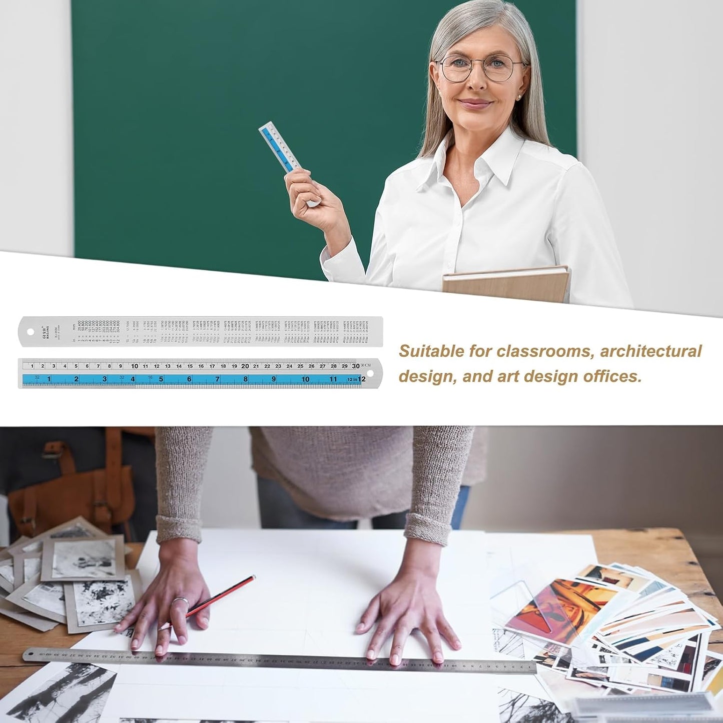 HARFINGTON 4pcs Metal Straight Ruler 30cm Metric SAE Aluminum Alloy Measuring Rulers Scale Tools with Hole for Measure Study Reading Classroom Office, Blue