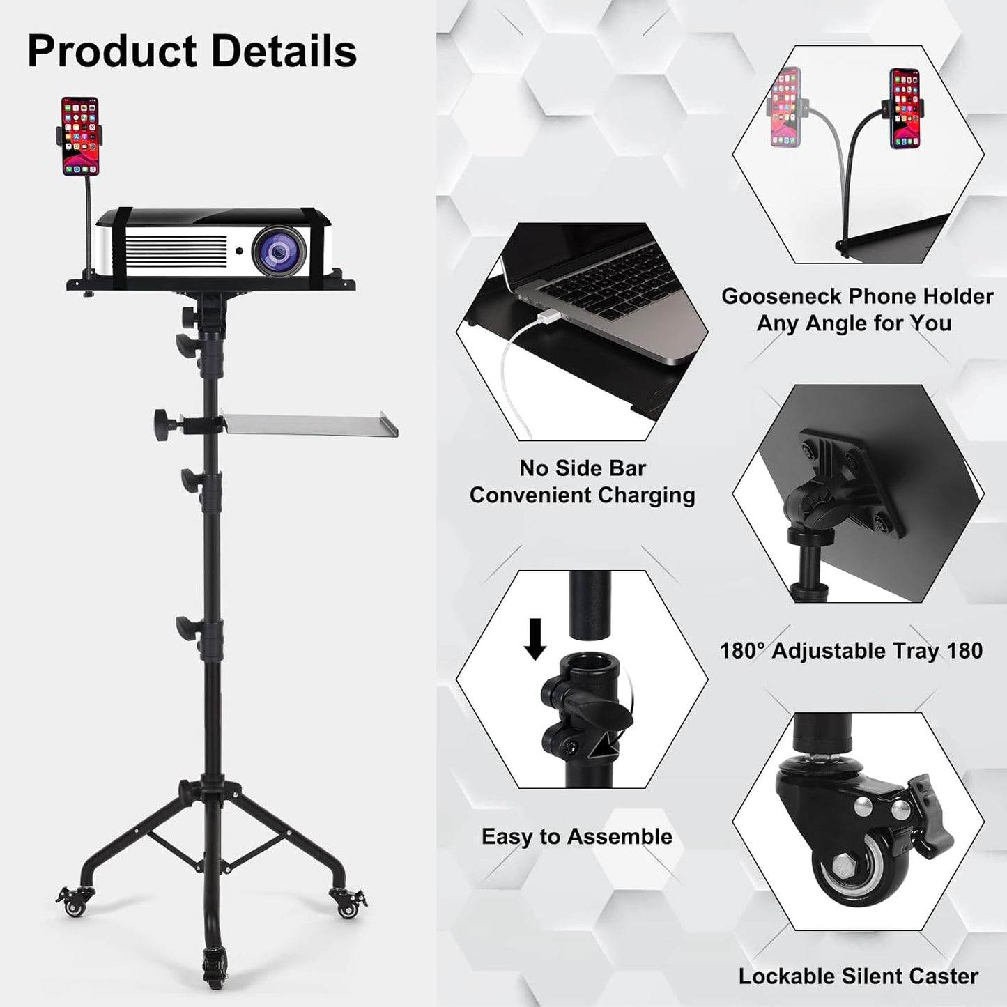 Laptop Tripod on Wheels with 2 Shelves, Portable Projector Floor Stand Adjustable Height 25.9 to 51.8 Inch with Phone Holder