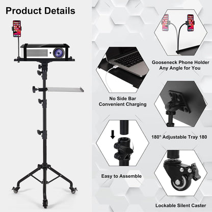Laptop Tripod on Wheels with 2 Shelves, Portable Projector Floor Stand Adjustable Height 25.9 to 51.8 Inch with Phone Holder