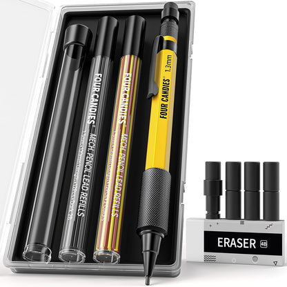 Four Candies 1.3mm Mechanical Pencil Set with 24 Lead Refills, Metal Weatherproof Heavy Duty Outdoor Carpenter Pencil, Eraser, 6 Eraser Refills for Architect Drafting Woodworking Marking with Case