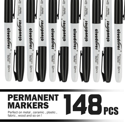 cloudriver Permanent Markers, 148 Pack Black Permanent Markers Set, Fine Point, Bulk Permant Markers Work on Wood, Plastic, Metal, Stone, Glass