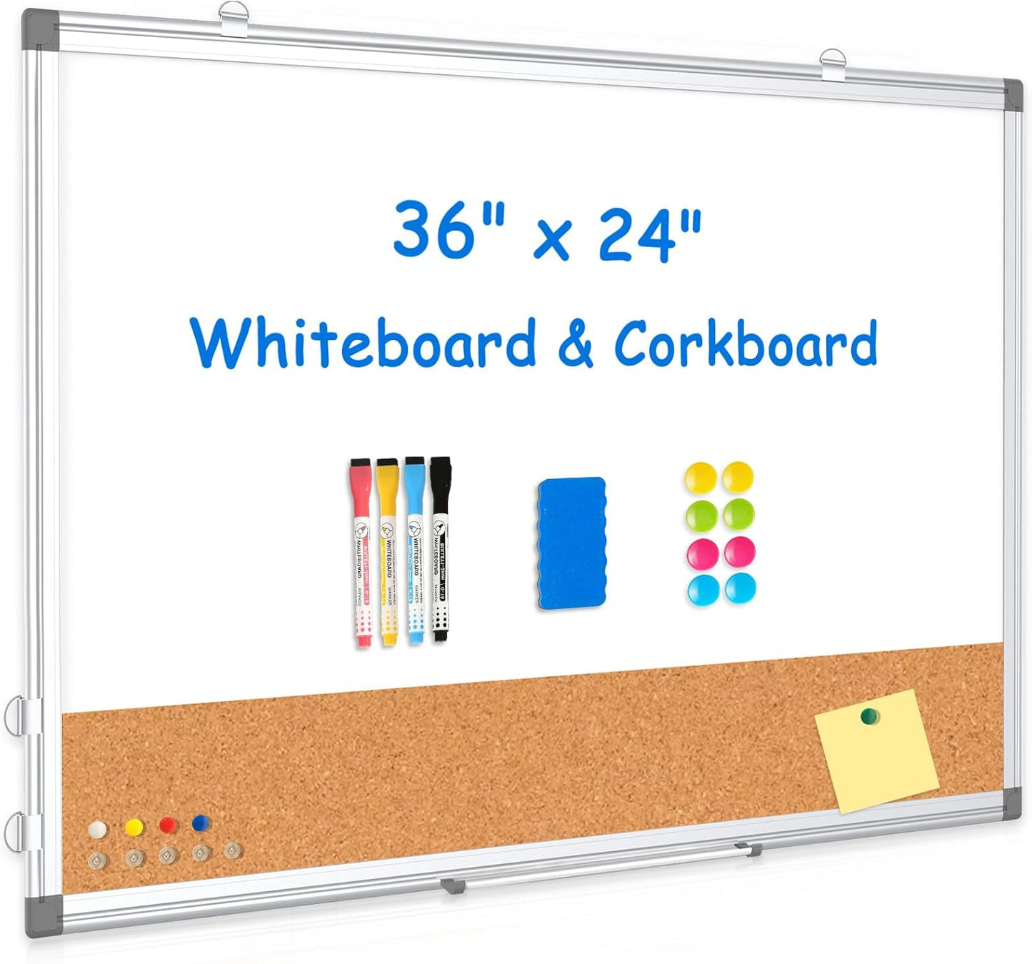 Whiteboard Cork Board Combo for Wall, WALGLASS 36" x 24" Double-Sided Large Dry Erase Whiteboard Corkboard Combination, Hanging Wall Mount Bulletin Board with Aluminum Frame for Office, Home, School