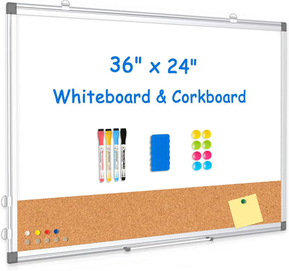 Whiteboard Cork Board Combo for Wall, WALGLASS 36" x 24" Double-Sided Large Dry Erase Whiteboard Corkboard Combination, Hanging Wall Mount Bulletin Board with Aluminum Frame for Office, Home, School