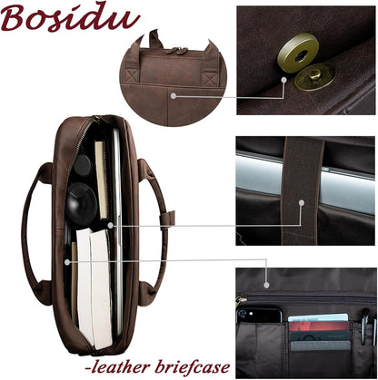 Leather Briefcases for Men 15.6 Inch Laptop Briefcase Business Messenger Bag Retro Waterproof Computer Bag Perfect Birthday Gifts For Husband, Brown