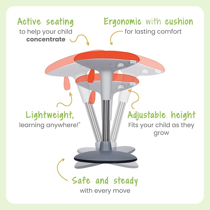 Wobble Stool for Kids Ages 7–12; Adjustable Height Wobble Stools for Classroom Seating with Soft Cushion; Flexible Wiggle Chair for Focus and ADHD Support + Bonus Visual Timer (Sunny Orange)