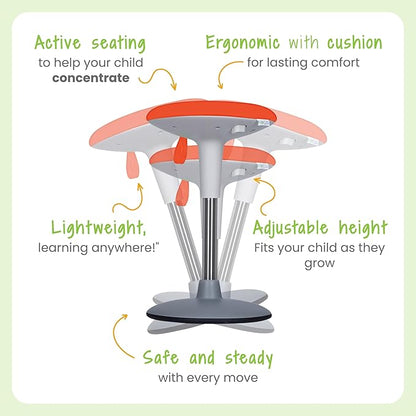 Wobble Stool for Kids Ages 7–12; Adjustable Height Wobble Stools for Classroom Seating with Soft Cushion; Flexible Wiggle Chair for Focus and ADHD Support + Bonus Visual Timer (Sunny Orange)