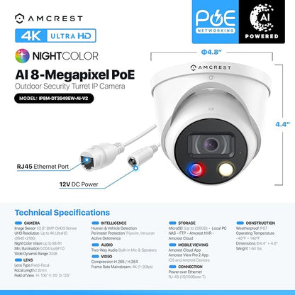 Amcrest UltraHD 4K (8MP) IP POE AI Camera, 4K @30fps, 98ft Night Color Vision F1.0, Security Outdoor Turret Camera, Vehicle & Human Detection, Active Deterrents, Two-Way Audio, IP8M-DT3949EW-3AI