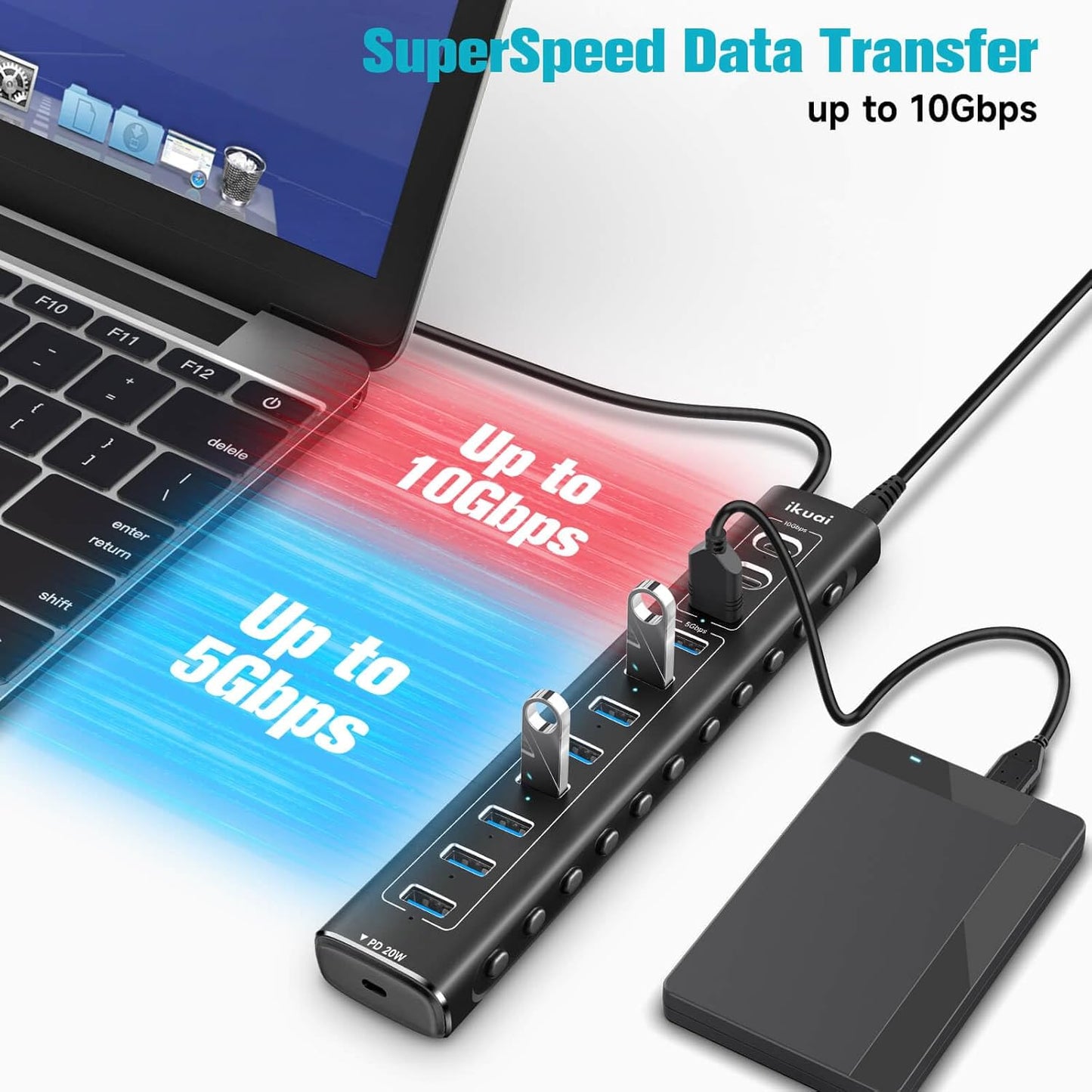 Powered USB Hub, 11-Port ikuai Hybrid USB 3.2/ USB C Hub with PD Charging Port and 60W Power Adapter, Aluminum USB Splitter Including 3 10Gbps Ports and 7 USB 3.0 Ports for PC, Laptop and More
