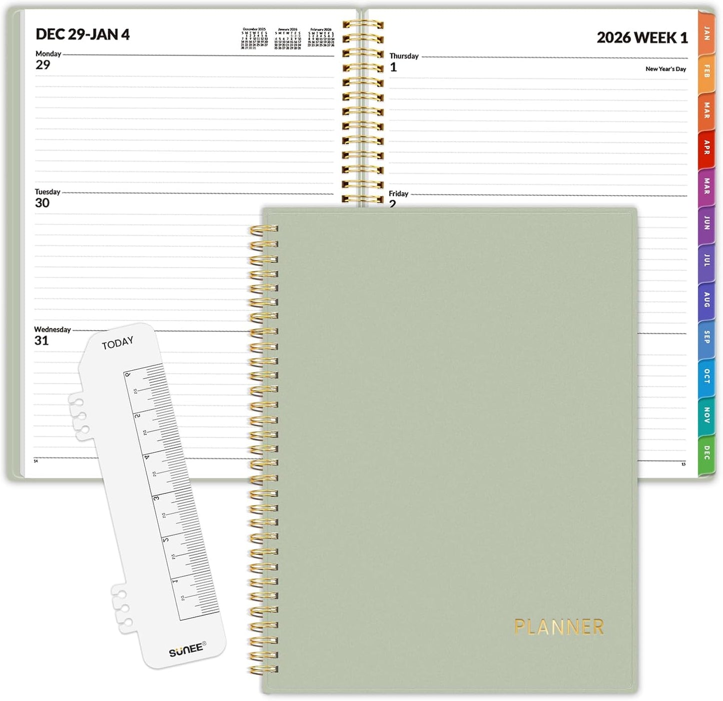 SUNEE 2026 Weekly and Monthly Planner - from January 2026 - December 2026, 8.5"x11" Daily Agenda Planner with Monthly Tab, Flexible Cover, Note Pages, Pockets, Bookmark, Spiral Binding, Sage Green