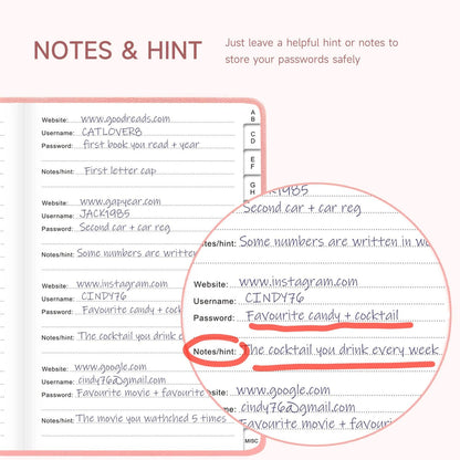 Password Book with Alphabetical Tabs – Hardcover Internet Address & Password Organizer – Password Keeper Notebook for Computer & Website – 5.2 x 7.6" Log-in Password Journal w/Thick Paper (Pink)
