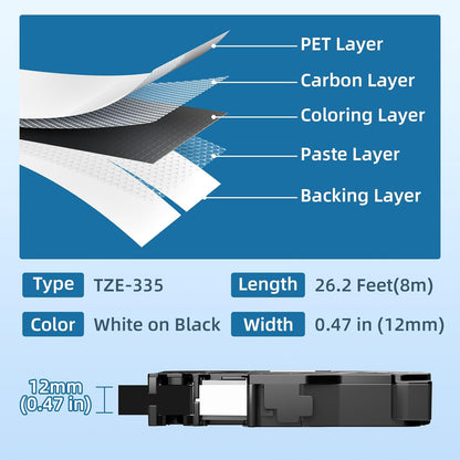 Airmall Label Maker Tape Black Replacement for Brother Ptouch Tape 12mm 0.47 White on Black Tze-335 Tze335 TZe TZ 12mm 0.47 Laminated for Brother PT-D210 PT-D220 PT-H110 PT-D400 PT-D600, 4-Pack