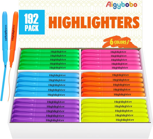 Aigybobo 192 Pack Highlighters in 6 Assorted Colors, Chisel Tip Dry-Quickly Highlighters Bulk, No Bleed Highlighter Markers for Kids Adults, Classroom Teachers Must Haves, School Office Supplies