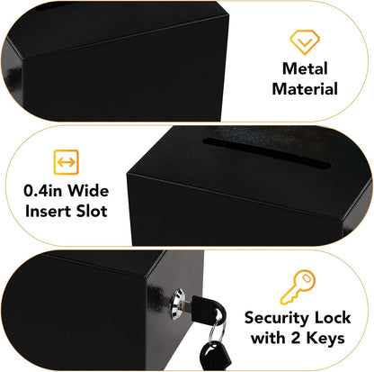 Tip Jar 3 PCS Suggestion Box with Slot and Lock Metal Donation Raffle Fundrais Cash Ballot Money Ticket Bartender Voting Prayer Comment Teacher Mailbox Booth Card Classroom Restaurant Black