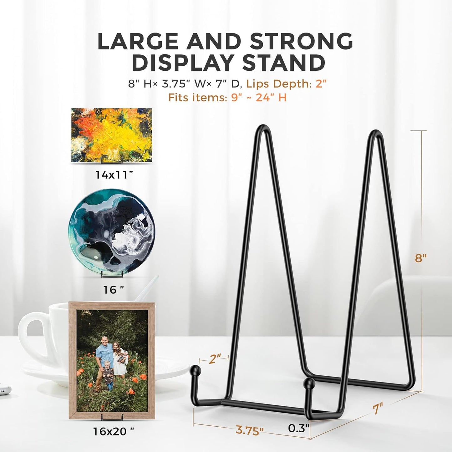 TR-LIFE Plate Stands/Holder for Display, 8 Inch, Large, Metal Frame for Picture, Decorative Platter, Book, Photo Easel (2 Pack)