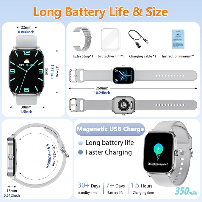 Smart Watch for Women Men with Text and Call, 2025 New AI Smartwatches with Heart Rate/SpO2/Sleep/Stress Monitor, 100+ Sports Modes, GPS Fitness Watches Compatible with iOS/Android (GPS, Silver)