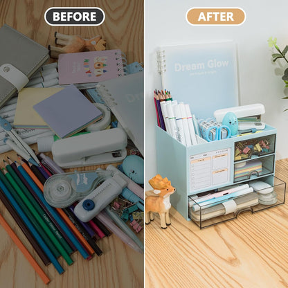 Desk Organizer with 3 Drawer, Multi-Functional Pencil Pen Holder for Desk, Desk Organizers and Storage with 8 Compartments, Desktop Organizer for Office Home Art Supplies (Blue)