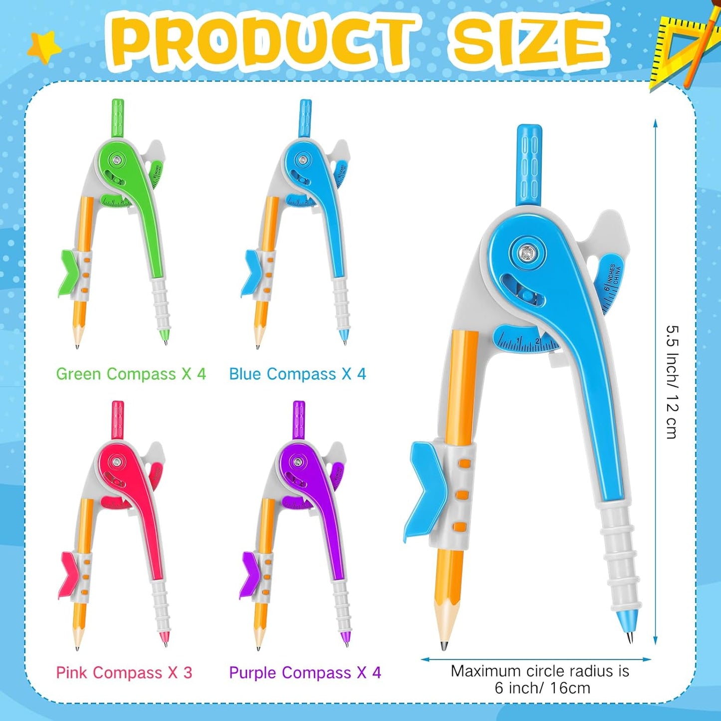 Zonon 15 Pcs Student Math Geometry Compass Tool Classroom Set Bulk 6 Inch Bright Colored Plastic Drawing Compass with Pencils Back to School Supplies for School Home Office