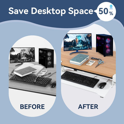 VUSIGN Keyboard Tray Under Desk Height Adjustable,Pull Out with Adjustable C Clamp Mount System for L-Shaped Tables, Extra Sturdy, 26.4” x 11.8” Slide-Out Platform Computer Drawer for Typing,White