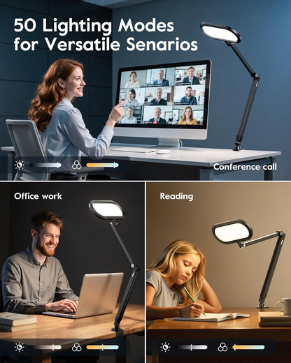 Desk Lamp for Home Office, Eye-Care Dual-Sided Seamless Dimmable LED Desk Light with Knob Remote, Adjustable Arm Clamp Computer Lighting for Video Conference Recording, Zoom Call, Task, Stream