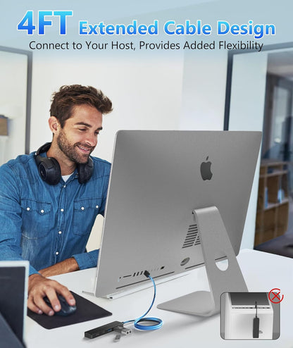 Aceele USB Hub 3.0 Splitter with 2 USB-C and 2 USB-A, 4 Ports Ultra-Slim Multiport Expander Adapter with 4ft Extension Long Cable Cord, USB Extender for Desktop, Computer, PC, Laptop, iMac and More