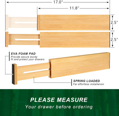 4 Pack Bamboo Drawer Dividers, Adjustable Length from 12 Inch to 17 Inch, Expandable Kitchen Drawer Organizer, Drawer Organization Separators for Clothes, Kitchen, Bedroom, Dresser, Office (Beige)