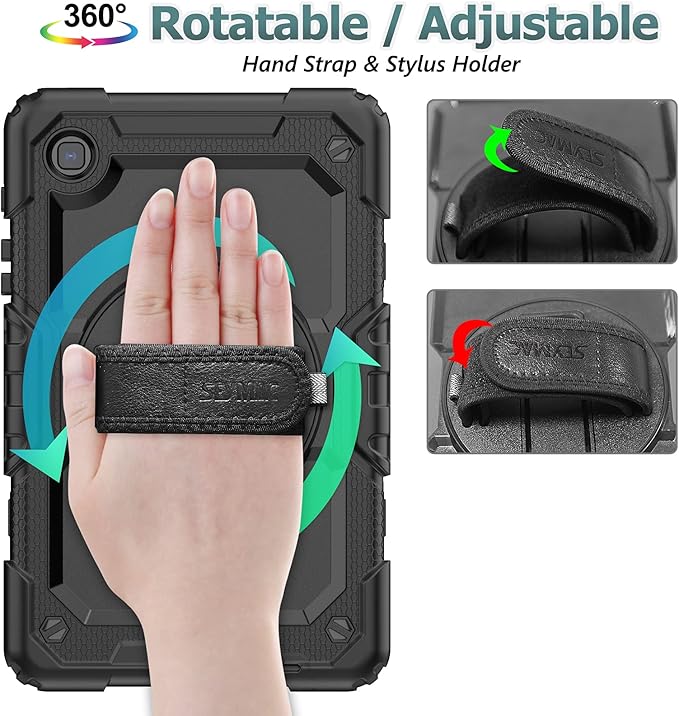 Case for Samsung Galaxy Tab A7 Lite 2021 8.7'' SM-T220/T225/T227 with Screen Protector Pencil Holder [360 Rotating Hand Strap] &Stand, SEYMAC stock Drop-Proof, Black