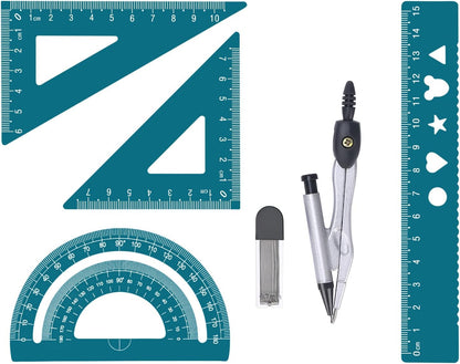 6 Pcs Metal Geometry Set, Math Geometry Kit, Metal Ruler Set and Compass Geometry Tool, Rulers Protractor and Compass Set for Student School and Drawings Supplies (Green)