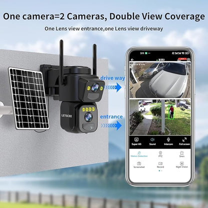 Dual Lens Security Cameras Wireless Outdoor，Solar Cameras for Home Security，Motion Detection,Night Vision,No Month Fee,IP65 Water Proof