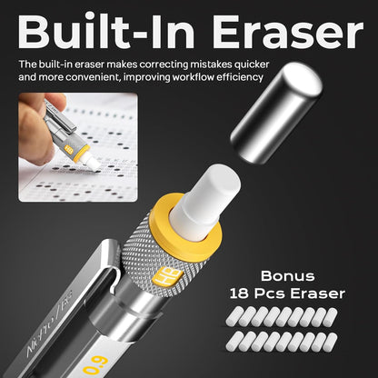Nicpro Blocky Gear 0.9 mm Mechanical Pencils Set in Case, 3 Pack Metal Pencil 8 Tube with Lead Refills 0.9mm (HB 2B), 3 Erasers for Professional & Adult Art Writing Drafting Drawing